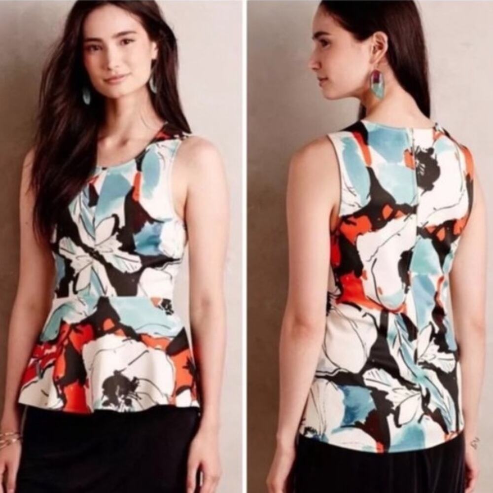 Akemi + Kin Pana Floral Peplum Sleeveless Cream/Blue Top